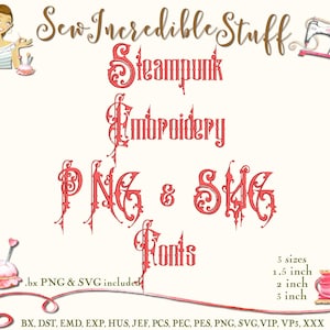 Steampunk Machine Embroidery PNG and SVG Fonts - 3 embroidery sizes- BX Font