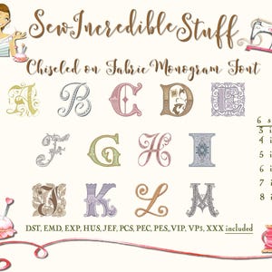 Op de afbeelding: Een digitaal borduurmonogramlettertype genaamd Sew Incredible Stuff met de letters A tot en met M in verschillende kleuren en stijlen. De afbeelding toont 6 maten van 3 tot 8 inch en bestandsformaten waaronder DST, EMD, EXP, HUS, JEF, PCS, PEC, PES, VIP, VP3 en XXX.
