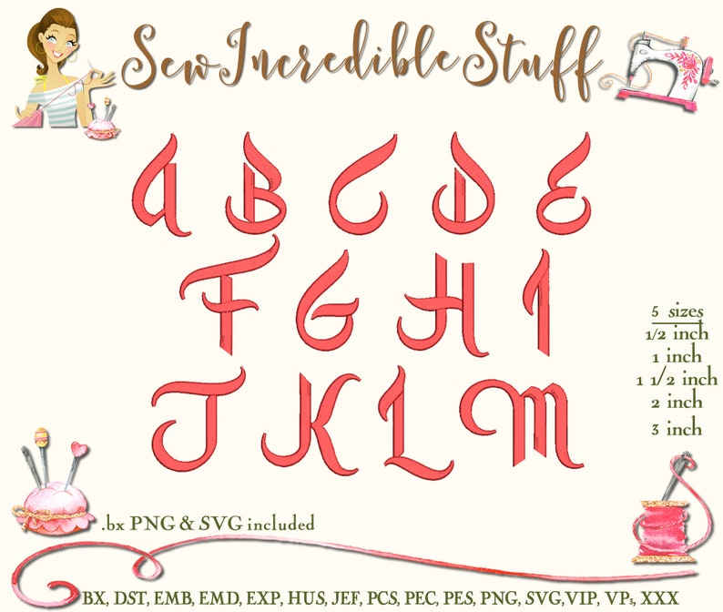 May include: A digital embroidery design set featuring the letters A through M in a decorative, red script font. The image includes the text "Sew Incredible Stuff" and size options from 1/2 inch to 3 inches.
