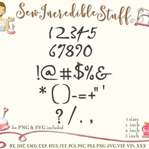 May include: Digital design elements including numbers, symbols, and the text "Sew Incredible Stuff." The image includes numbers 1-0, symbols like @, #, $, %, &, *, -, =, +, ", ', ?, /, and ,. Available in 1, 2, and 3-inch sizes.