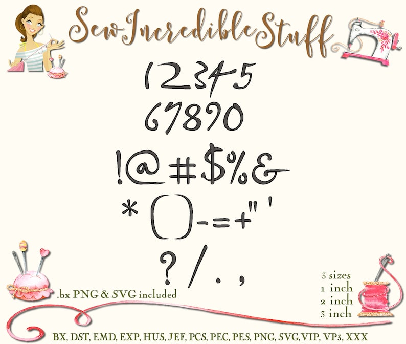 May include: Digital design elements including numbers, symbols, and the text "Sew Incredible Stuff." The image includes numbers 1-0, symbols like @, #, $, %, &, *, -, =, +, ", ', ?, /, and ,. Available in 1, 2, and 3-inch sizes.
