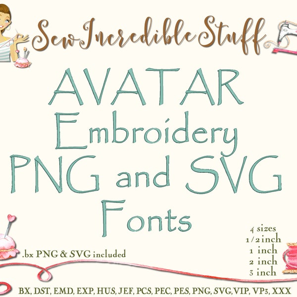 Avatar Machine Embroidery, PNG and SVG Fonts - 4 sizes - BX Font