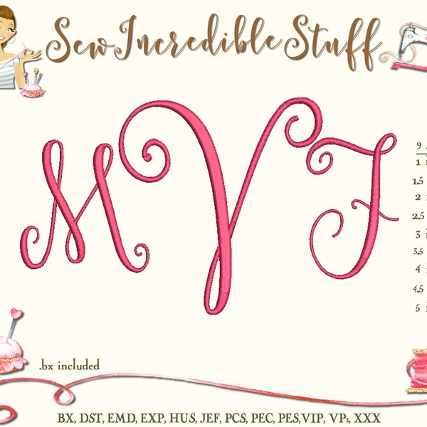 Delicate Curly Monogram Machine Embroidery Font. 9 sizes - 11 embroidery formats