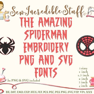 Könnte beinhalten: Digitales Design-Bild mit dem Text "Sew Incredible Stuff" und "THE AMAZING SPIDERMAN EMBROIDERY PNG AND SVG FONTS". Enthält eine schwarze Spinne und ein rot-schwarzes Spider-Man-Maskendesign. Erhältlich in 5 Größen, von 2,5 cm bis 10 cm.