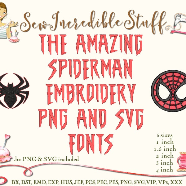 Spiderman Machine Embroidery, PNG and SVG Fonts, 5 sizes - BX Font, 11 embroidery formats