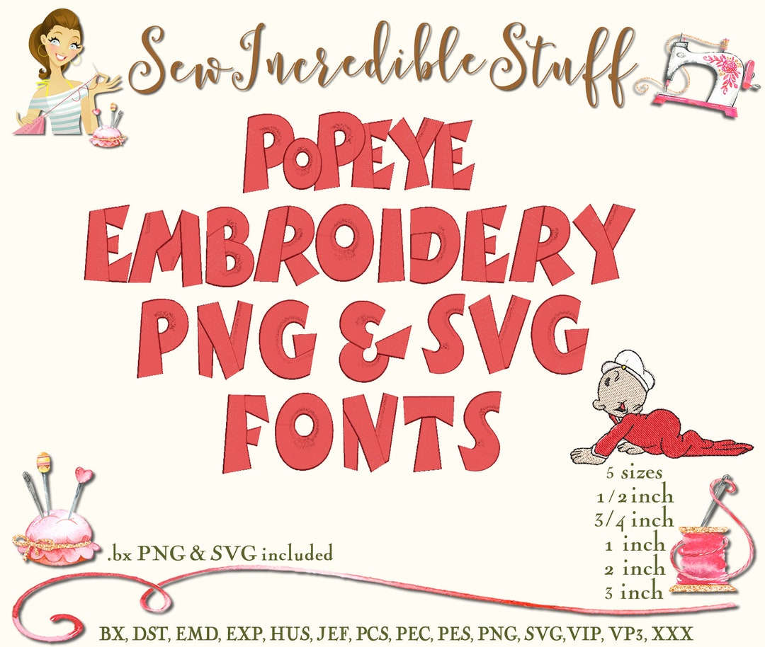 Popeye Machine Embroidery, PNG & SVG Fonts BX Font 11 Formats 5 Sizes
