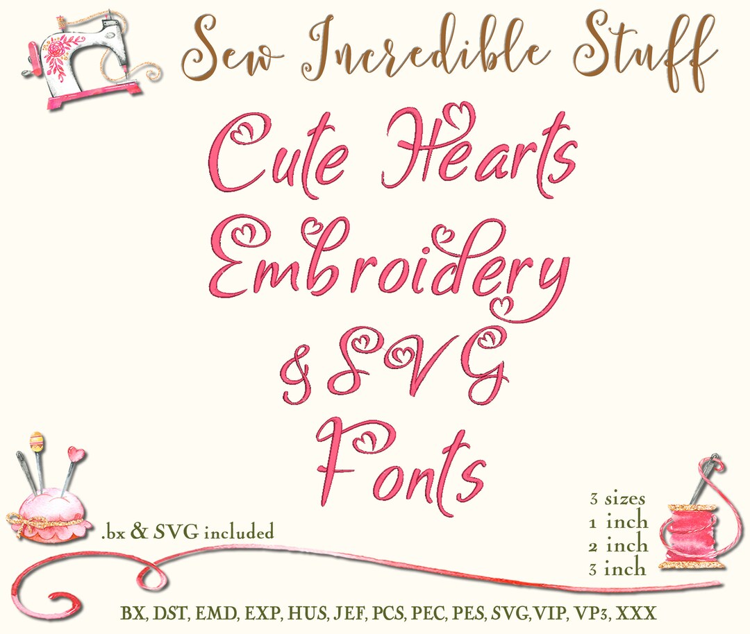 Cute Hearts Machine Embroidery and SVG Fonts 3 Sizes BX Font SVG Font ...