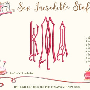 Drei Initiale Maschinenstickerei Monogramm und SVG Schrift, BX Schrift, PES Schrift 7 Größen, 10 Stickformate