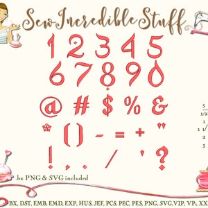 May include: A digital embroidery design set by Sew Incredible Stuff, featuring red numbers, symbols, and punctuation marks in various sizes, from 1/2 inch to 3 inches. Includes .bx PNG & SVG files.