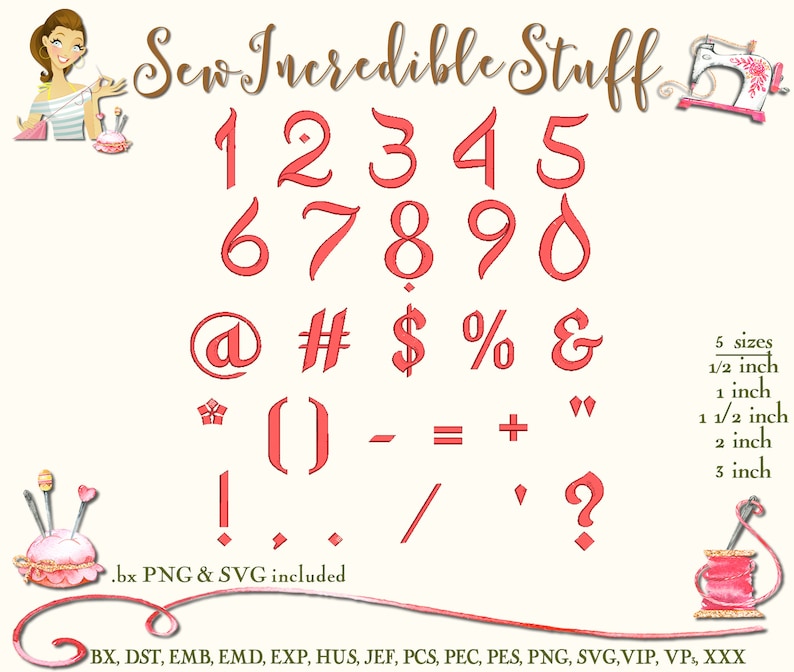 May include: A digital embroidery design set by Sew Incredible Stuff, featuring red numbers, symbols, and punctuation marks in various sizes, from 1/2 inch to 3 inches. Includes .bx PNG & SVG files.