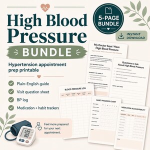 May include: A digital download bundle for hypertension appointment preparation. The bundle includes a plain-English guide, visit question sheet, BP log, and medication trackers. An image of a blood pressure monitor is also included.