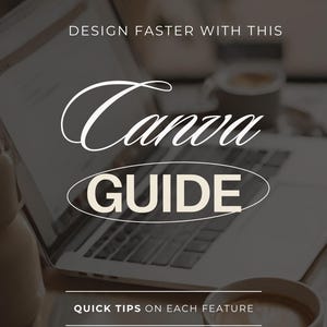 May include: A laptop with the text "DESIGN FASTER WITH THIS" and "Canva GUIDE" in white. The image also includes the text "QUICK TIPS ON EACH FEATURE" and the Instagram handle "@shilohstudiocreates". A cup of coffee is in the foreground.