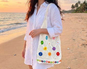 Kolorowa torba z szydełkowym wzorem kwiatowym, biała torba plażowa na lato, lekka torba na ramię, torba w stylu boho z kwiatowym wzorem