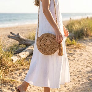 Round Straw Woven Bag, Boho Crochet Tassel Shoulder Purse, Summer Beach Vacation Bag, Rattan Tassel Bag image 7