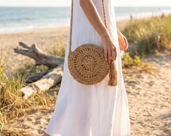 Round Straw Woven Bag, Boho Crochet Tassel Shoulder Purse, Summer Beach Vacation Bag, Rattan Tassel Bag