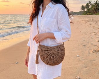 Boho Woven Straw Crossbody Purse, Small Crescent Raffia Beach Bag with Tassel Charm