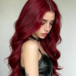 May include: A long, wavy, deep red wig with a center part. The hair features a vibrant, saturated crimson hue with soft, voluminous curls cascading down the shoulders. The texture appears smooth and consistent, providing a full, layered look.