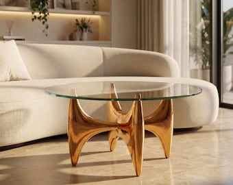 Moderne sculpturale koperen salontafel met glazen blad, luxe designmeubels, organisch hedendaags woonkamerdecor