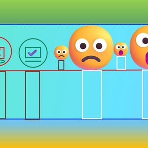 Puede incluir: Gráfico digital con fondo azul y varias caras de emoji. La imagen incluye un círculo rojo con una X, un círculo verde con una marca de verificación y varias caras de emoji amarillas con diferentes expresiones, incluyendo triste y sorprendido.