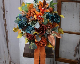 Artificial Bridal Bouquet with rust orange flowers and eucalyptus | Bridesmaids Bouquet | Terracotta Fake Bouquet | Brown and Green Bouquet