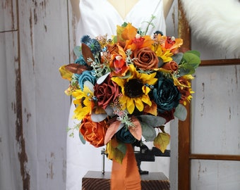 Artificial Bridal Bouquet with Sunflowers and Terracotta Rose Bouquet | Sunflower Bouquet | Bridesmaids Bouquet | Terracotta Fake Bouquet