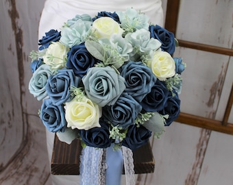 Navy Blue Brides Bouquet | Round Blue Rose Bouquet | Dusty Blue and Ivory Brides Bouquet | Ivory Fake Bouquet | Light Blue Gardenias