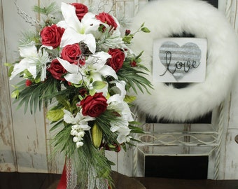 Christmas Wedding Bouquet, Woodland Winter Wedding, Christmas flowers, Red Roses Roses, Holly, Pinecone, White Lilies, Christmas Bouquet