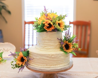 Wedding Sunflower Lavender Cake Topper, Silk Flower Cake Decorations, Rustic Sunflower Cake Decorations