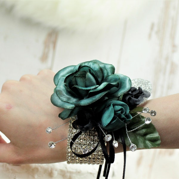 Floral Comb for Wedding - Dark Teal and Black Rose Prom Corsage - Wedding Hair Accessories - Boutonnieres and Wrist Corsage