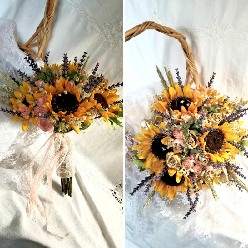 Wedding Bouquet Peach Wedding Bouquet Sunflower Junior Bridesmaid Bouquet Bridal Wedding Bouquet Dried Flower Bouquet Lavender Bouquet