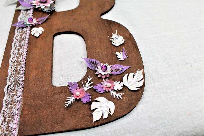 Wedding Nursery Letter Wood letter B Purple White Wedding Wood Initials Paper Flowers Rustic Wedding Letter Wedding Letter Initial