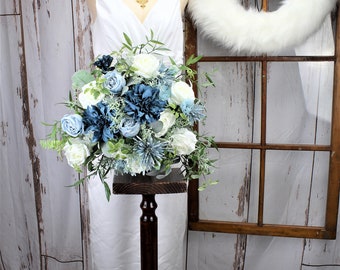 Dusty Blue Brides Bouquet | Peacock Blue and White Brides Bouquet | Blue and White Wedding | White Fake Bouquet | White and Green Bouquet