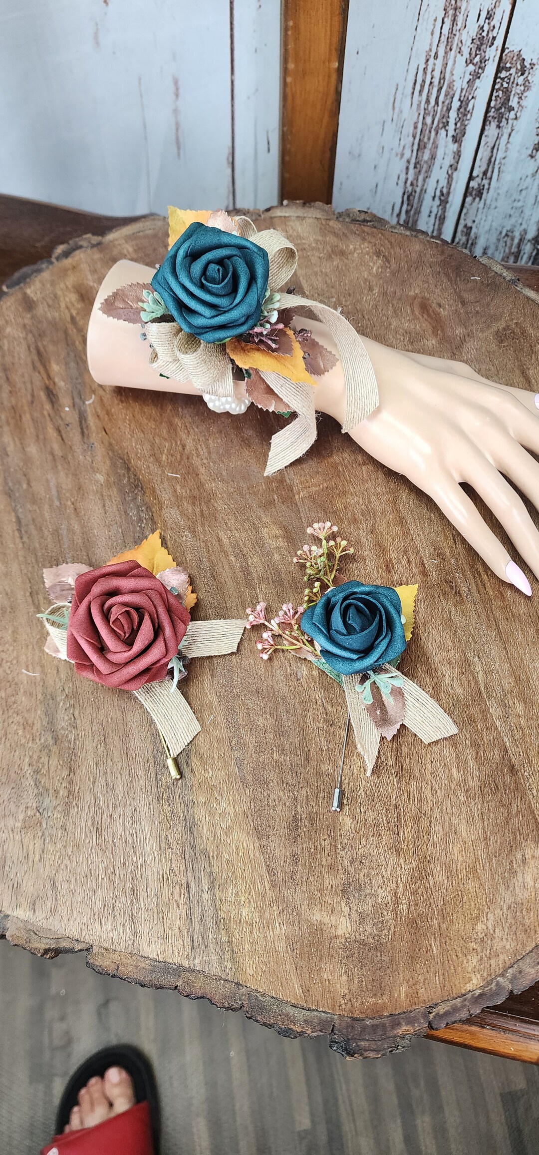 Terracotta and Emerald Green Rose Corsages Sunflower Corsages and