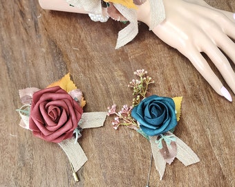 Terracotta and Emerald Green Rose Corsages | Sunflower Corsages and Boutonnieres | Rose Wristlet | Pinned Corsages | Grooms Boutonniere