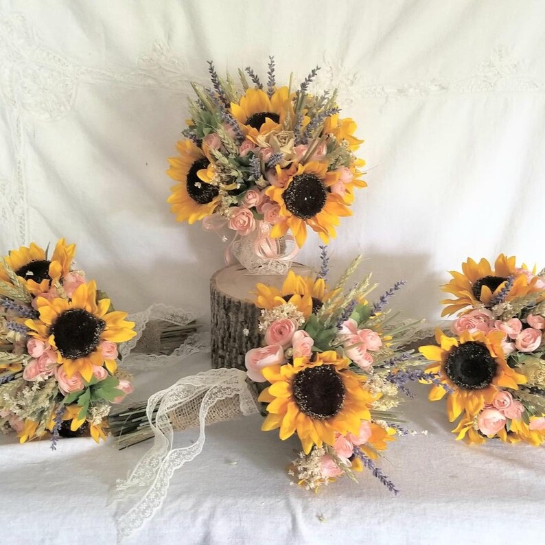 Wedding Bouquet Peach Wedding Bouquet Sunflower Junior Bridesmaid Bouquet Bridal Wedding Bouquet Dried Flower Bouquet Lavender Bouquet