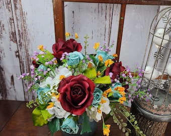 Mason Jar Arrangement | White Hydrangea Centerpiece | Teal Mason Jar Vase Arrangement | Teal Rose Centerpiece |Wedding Table Centerpiece