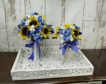 Silk Flower Bouquet - Sunflower Wedding | Real Touch Flowers | Blue Iris | Spring Bouquet | Wildflower Bouquet