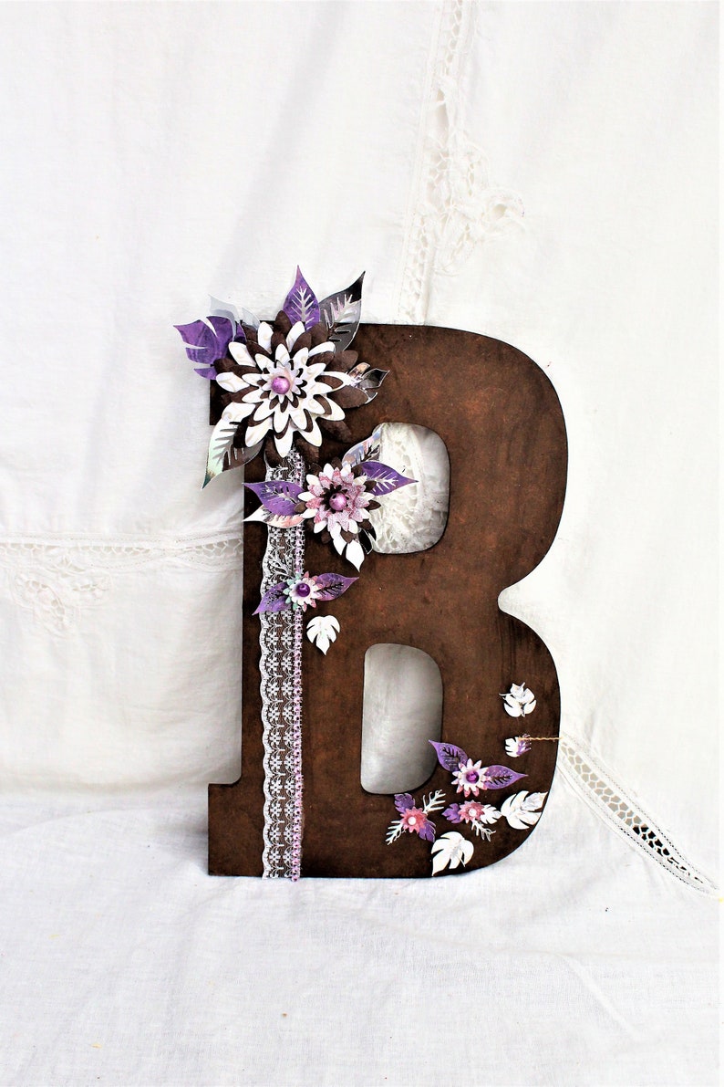 Wedding Nursery Letter Wood letter B Purple White Wedding Wood Initials Paper Flowers Rustic Wedding Letter Wedding Letter Initial