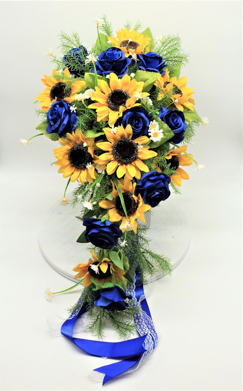 Cascading Bouquet Sunflower Bouquet Silk Roses Faux Etsy