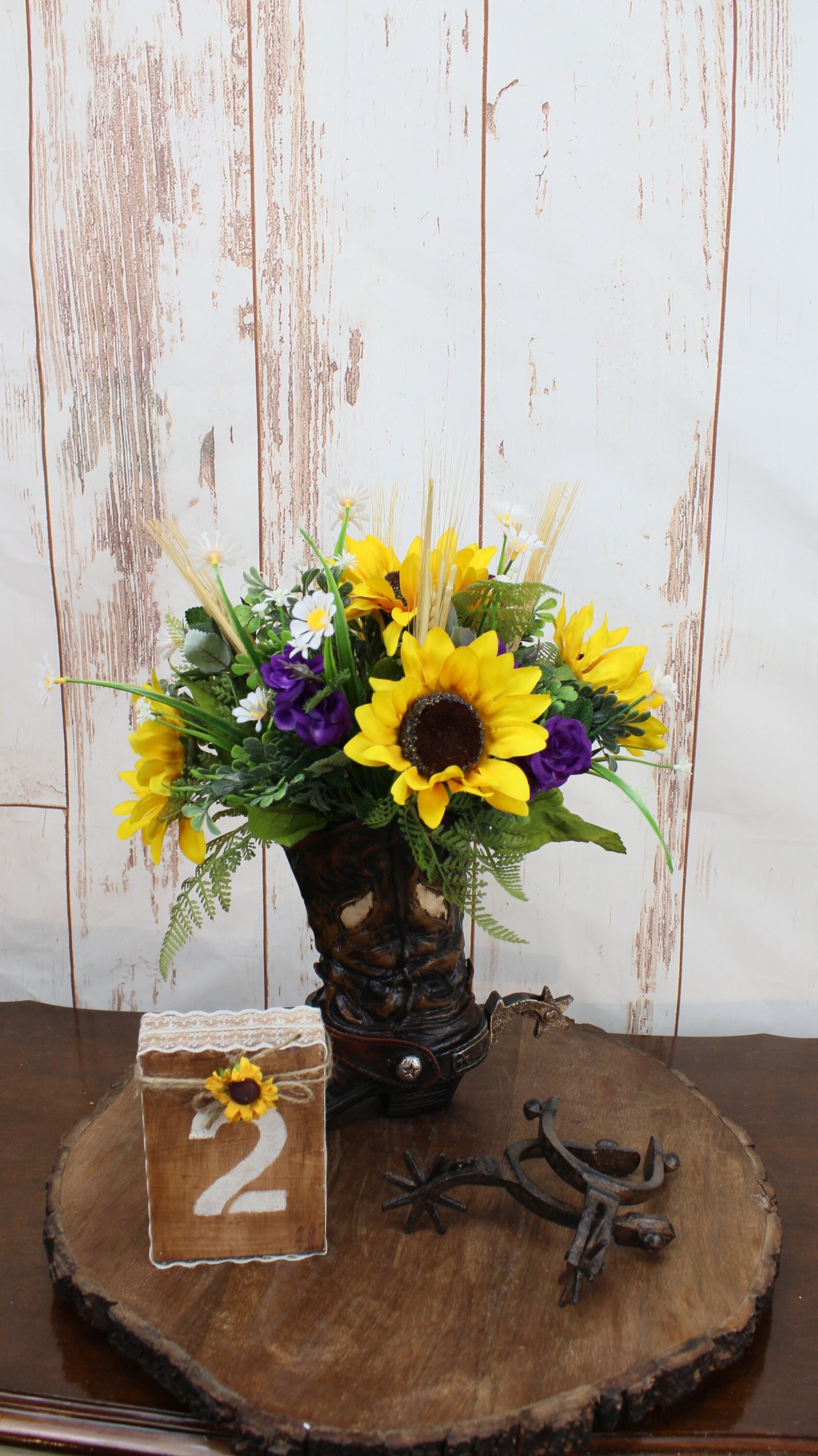 Sunflower Bouquet Table Centerpiece Silk Flower Bouquet Western Wedding Fall Centerpiece Cowboy Boots 1 to 3 Centerpieces
