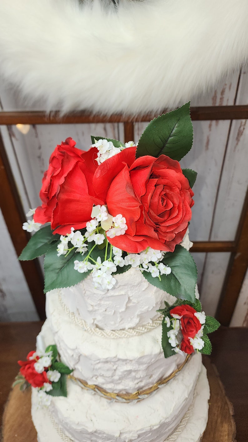 Wedding Red Rose Cake Topper Silk Flower Topper Birthday Etsy