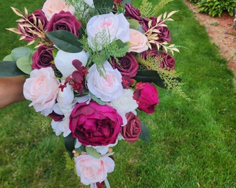 Burgundy and White Cascading Bouquet | Bridal Bouquet | Burgundy Peony | White Rose Bouquet | Boho Bouquet | Winter Bouquet | Fall Bouquet