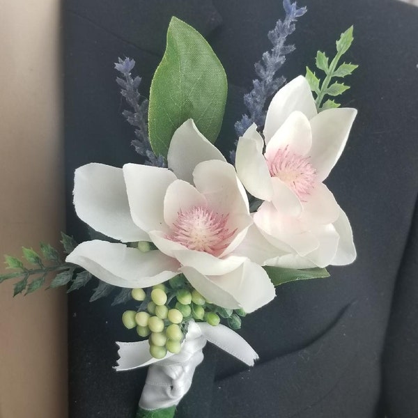 Magnolia Wrist Wedding Corsage with match boutonnieres - Magnolia Wedding Corsage - Magnolia Lapel Pin
