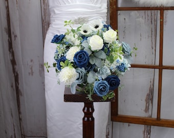 Navy Blue Brides Bouquet | Dusty Blue and White Brides Bouquet | Anemone | Dahlias | White Fake Bouquet | White and Green Bouquet