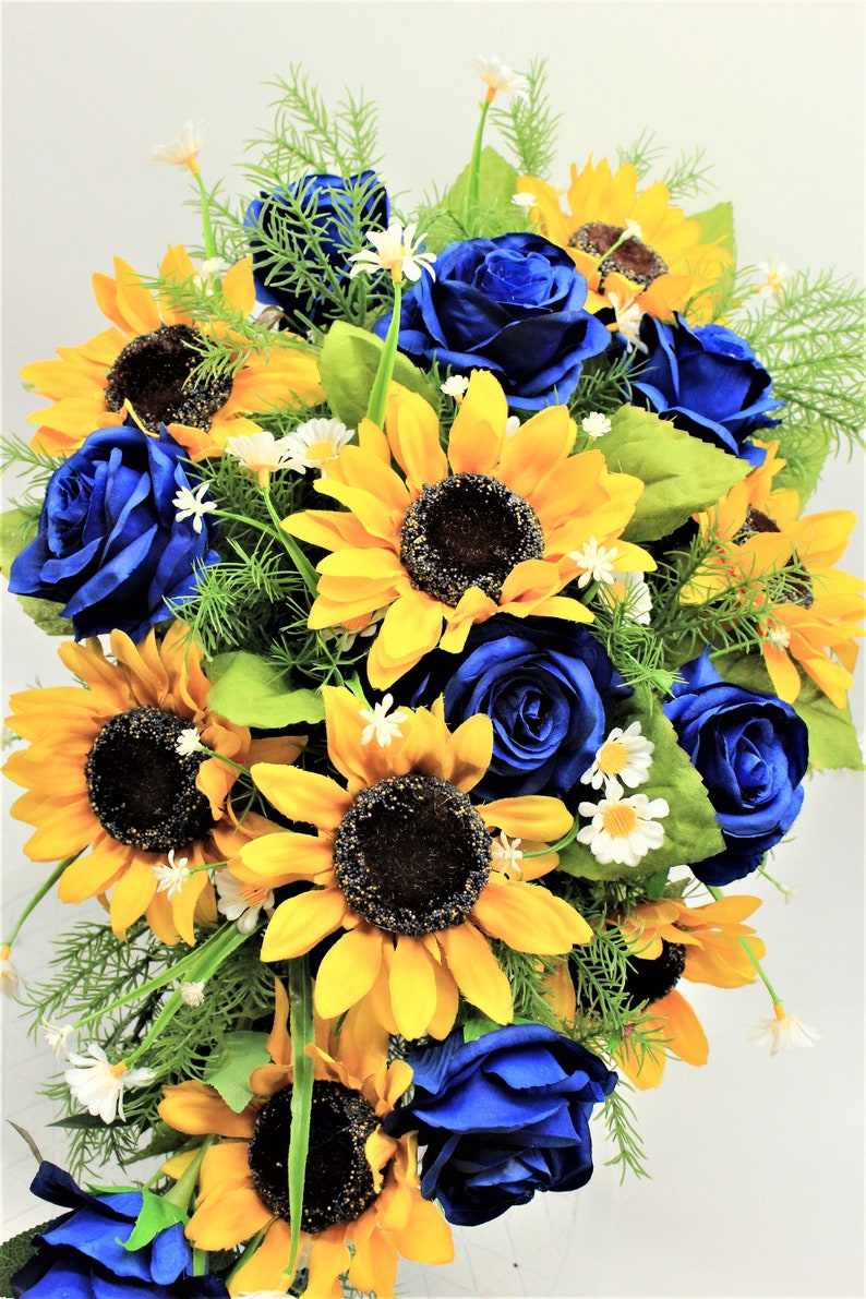 Rustic Elegant Sunflower Navy Blue Rose Brides Bouquet Rustic Etsy