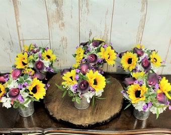 Sunflower -Plum Calla Lily Centerpiece, Wedding Arrangement, Custom Sunflower Purple Centerpiece, Table Centerpiece, Silk Floral Arrangement