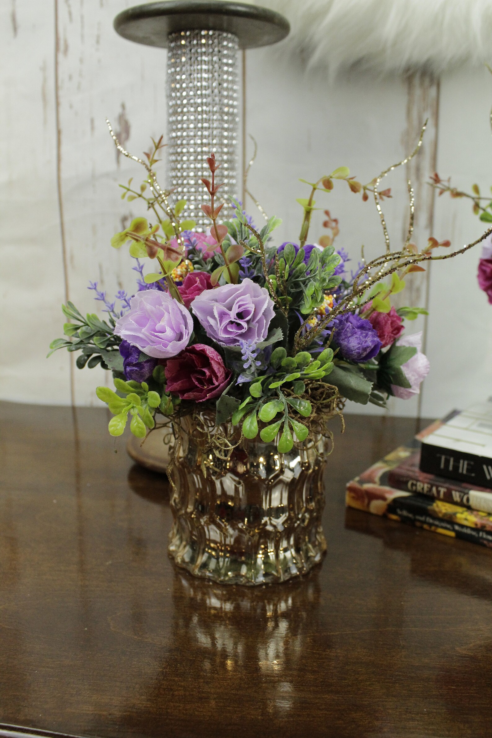 Mercury Glass Rose Gold Arrangement Round Vase Flower Etsy