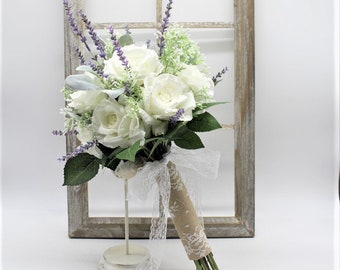 White Rose Bouquet - Winter Bouquet | Bridesmaid Bouquet | Mountain Wedding | Lavender Bouquet | Real Touch Bouquet