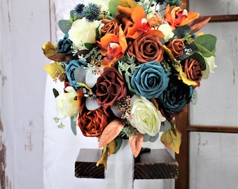 Fall Terracotta and Ivory Rose Bouquet | Sunflower Bouquet | Bridesmaids Bouquet | Terracotta Fake Bouquet | Classic Rose Bouquet