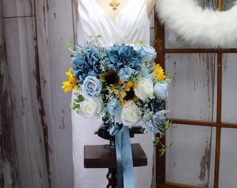 Sunflower and Dusty Blue Bouquet | Sunflower Bridal  Bouquet | Rustic Wedding | White and Ivory Rose | Peacock Dahlias | Dusty Blue Rose